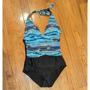 Your Best Look Blue Black One Piece Swimsuit Size 10 Halter Neck Tummy Control